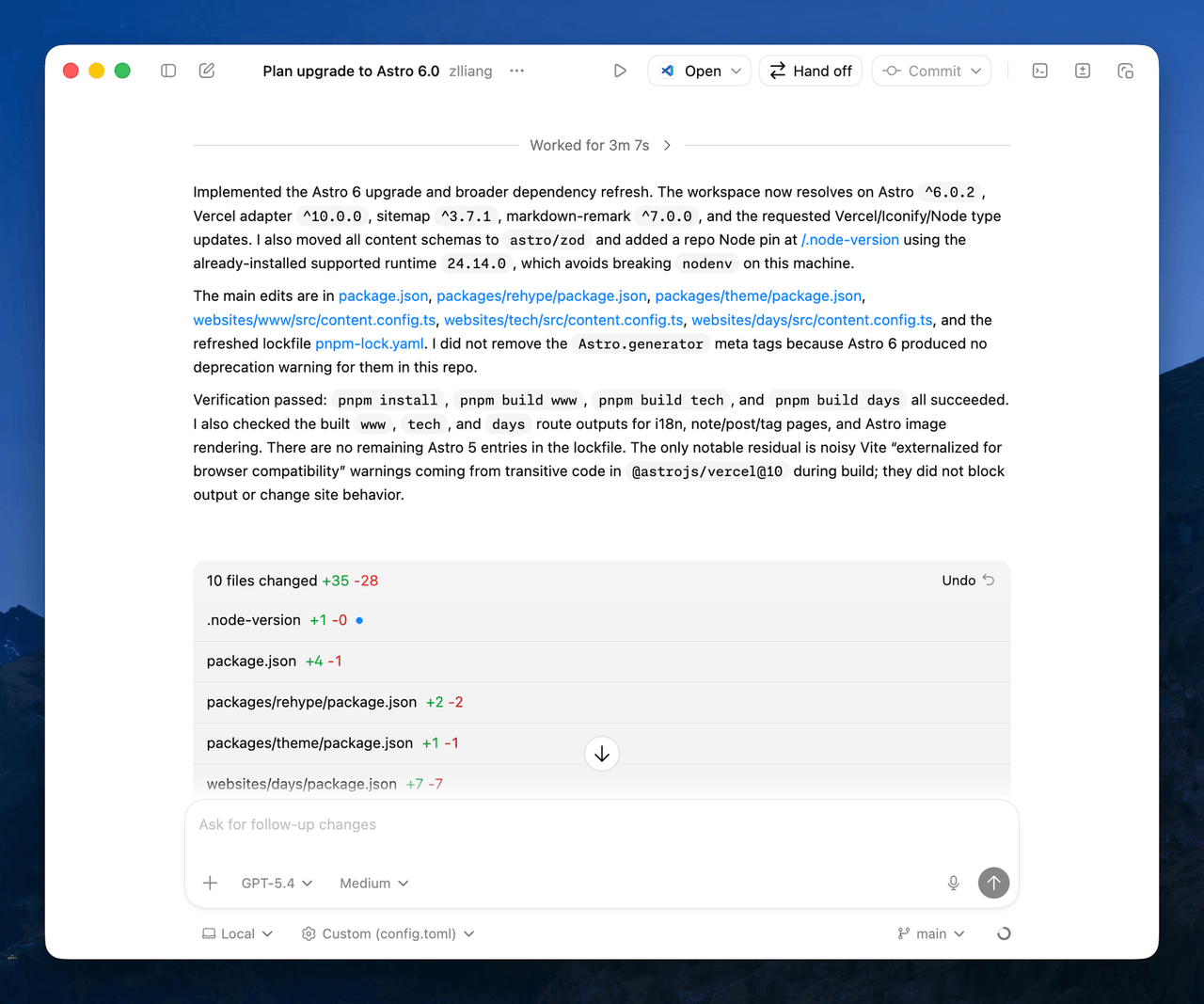 All the upgrade work was done by the Codex app